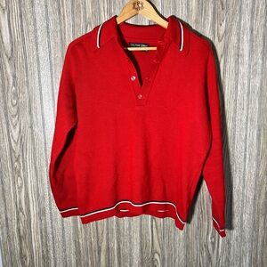Vintage 80’s Virgin Wool Red Navy White Striped Classic Polo V-Neck Sweater Top